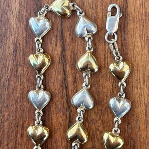 Gold and Silver Puffy Heart Link Bracelet 7.5”